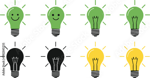 Light Bulb Vector Set Featuring Green, Black, and Yellow Bulbs with Smiling Faces for Creativity, Ideas, and Innovation Designs