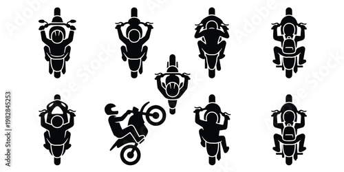 Motorcycle rider icons set, black silhouette motorcycling symbols from top view, 9 vector elements for transport maps and racing infographics
