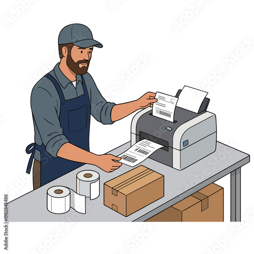 Man in apron and cap operates printer on table with boxes and rolls.