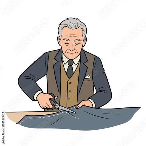 An elderly man in a suit cuts fabric with scissors on a table.