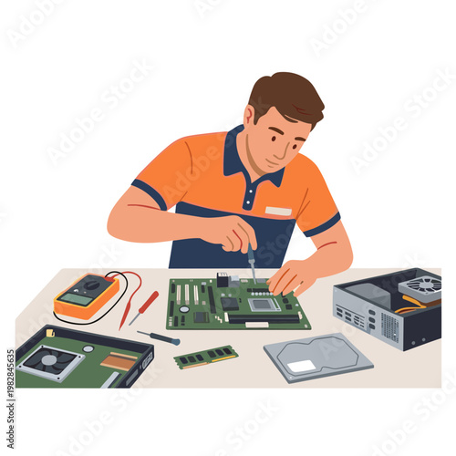 Technician repairing computer hardware on a workbench with tools