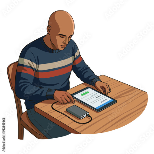 Man sitting at a wooden desk using a tablet with a portable charger