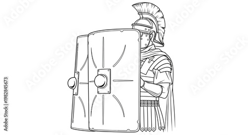 Roman soldier with scutum shield in defensive formation, historical illustration
