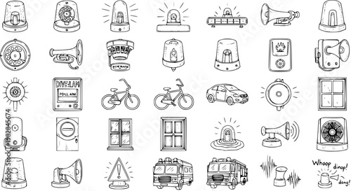 Hand-Drawn Icons of Sirens, Alarms, Vehicles, and Emergency Equipment