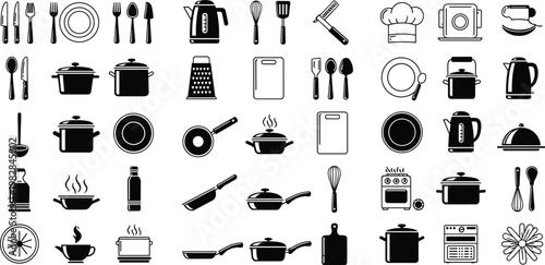 Kitchen Utensils and Appliances Vector Set Featuring Pots, Pans, Plates, and Cooking Tools for Culinary, Cooking, and Kitchen Designs