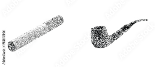 Black and white retro cigar and pipe stipple dot art vintage smoking elements for masculine design tobacco lounge bar graphics