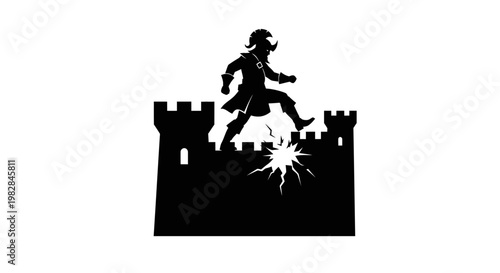 Silhouette of a pirate jumping over a castle wall with an explosion