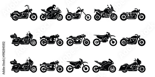 Motorcycle silhouette collection, 15 black motorbike icons set, vintage chopper and modern sport bike vector, touring and dirt bike transport graphics