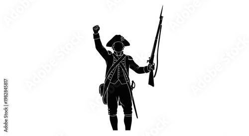 Silhouette of a Revolutionary War soldier holding a musket and raising a fist in victory.