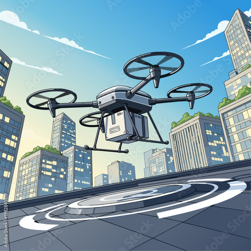 A delivery drone robot with four propellers and a package container attached, landing on a designated rooftop platform in a smart city. Clean vector style, sunny sky, dynamic angle, modern transportat
