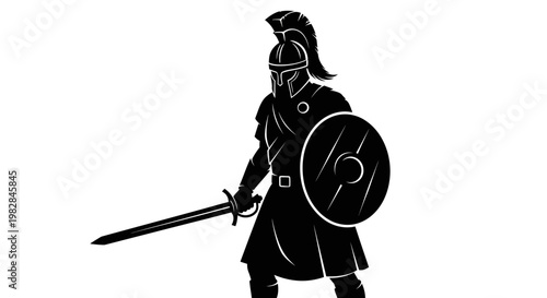 Silhouette of a Roman Soldier with Sword and Shield, Ancient Warrior Icon