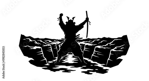 Silhouette of a Samurai Warrior with Sword Raised in a Dramatic Landscape