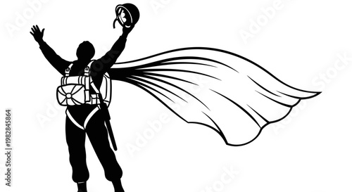 Silhouette of a Skydiver with a Cape, Arms Raised in Triumph