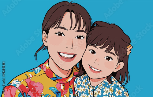 Illustration of Mother and Daughter Smiling