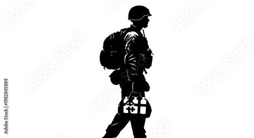 Silhouette of a Soldier Carrying a Medical Bag, Walking Forward