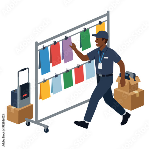 Man moving clothes on rack with luggage and boxes nearby quickly outside