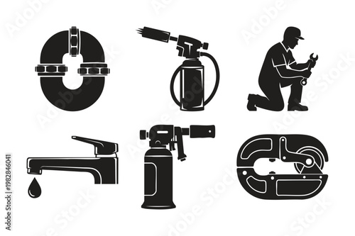 Plumbing service equipment silhouette set bundle with repair worker.