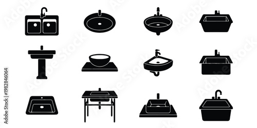 Kitchen and bathroom sink icons set, 12 black vector silhouettes of washbasins and faucets, plumbing fixtures for interior design and home renovation