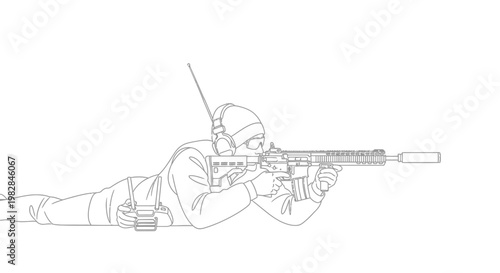 Soldier aiming rifle with suppressor, wearing headset, prone position, tactical gear
