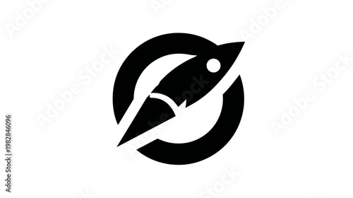 A simple, black-and-white icon depicts a rocket ship soaring through a partial circular frame