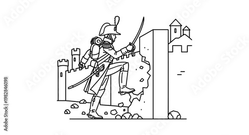 Soldier climbing castle wall with sword, historical battle scene, vintage illustration