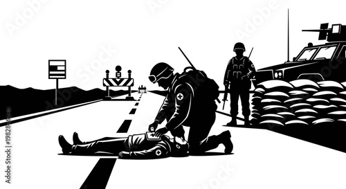 Soldier provides first aid to wounded comrade on roadside with military vehicle