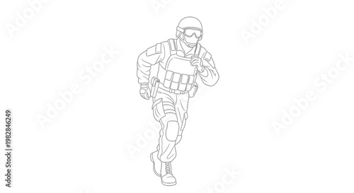 Soldier Running in Tactical Gear, Military Action, Dynamic Pose, Outline Illustration