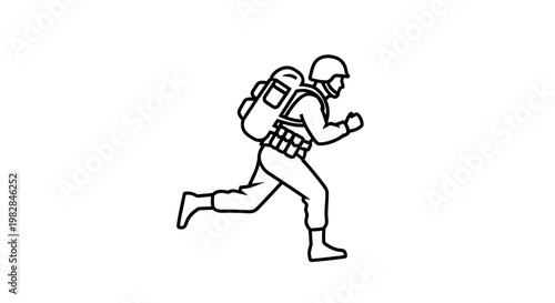 Soldier Running with Backpack and Gear, Military Action Silhouette