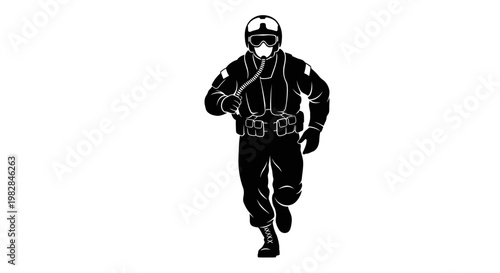 Soldier Running with Gear, Tactical Vest, Helmet and Goggles, Black and White Silhouette