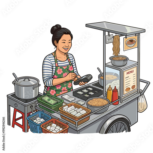 Woman selling food from a street cart in a busy market environment with various dishes.
