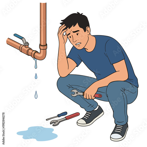 Man fixing leaky pipe with wrench in bathroom causing stress