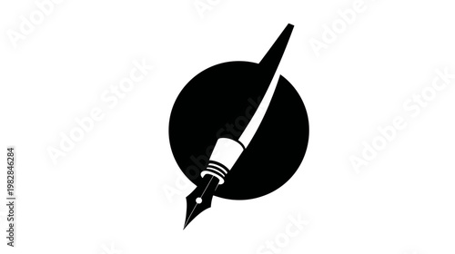 Black silhouette of a writing tool piercing a black circle on a white background