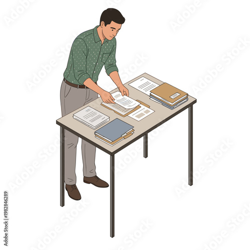 Man working on papers at a cluttered desk in an office setting