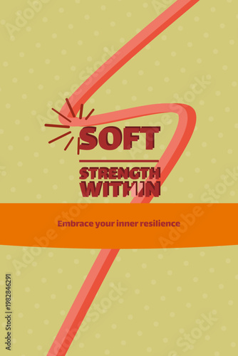 SOFT STRENGTH WITHIN warm vibrant harvest typography layered line backdrop, sunburst fan, shadowed lettering, concave banner, dotted texture with khaki gold, burnt orange, chili red, brick maroon