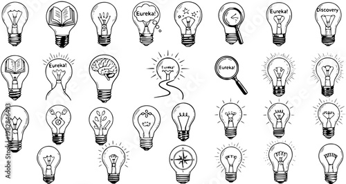 Quadro em tela Collection of Hand-Drawn Light Bulb Icons Representing Ideas, Innovation, and Di