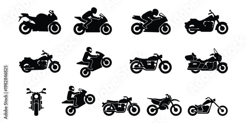 Motorcycle silhouette vector set, black motorbike icons collection, sport bike and cruiser silhouettes, 13 motorcycling transportation elements