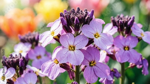 Beautiful purple erysimum wallflower blossoms with dark buds in spring garden. Macro floral photography with vibrant multicolored bokeh background. Perfect for nature, gardening, and botanical concept