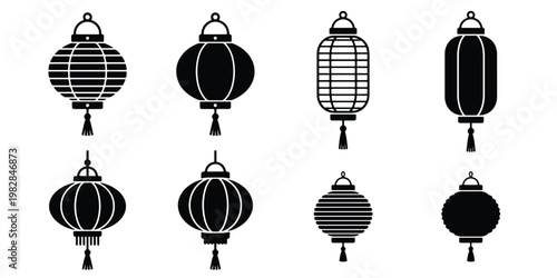 Traditional Chinese lantern icons set, black silhouette oriental paper lamps with tassels, 8 vector elements for lunar new year and festival decor
