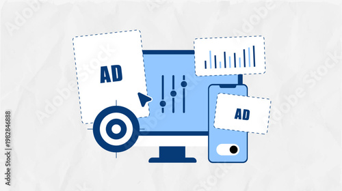Digital advertising with ad campaign management, cross device targeting for marketing performance. Digital advertising improves ad performance, campaign results for online marketing illustration