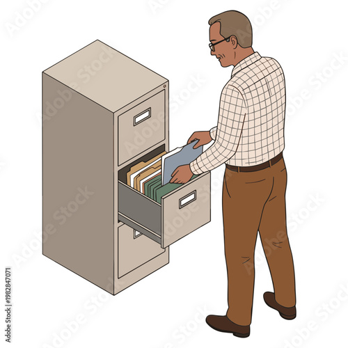 Man opening drawer filing cabinet with documents inside office