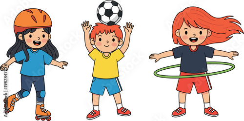 Children Playing Sports Icon Set with Roller Skating, Soccer, and Hula Hoop for Activity, Fun, and Fitness Concepts