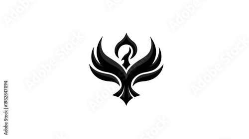 A stylized bird silhouette with outstretched wings, featuring layered black and gray details