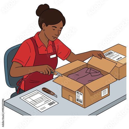 Woman carefully unboxes a purple item from a cardboard box on a desk