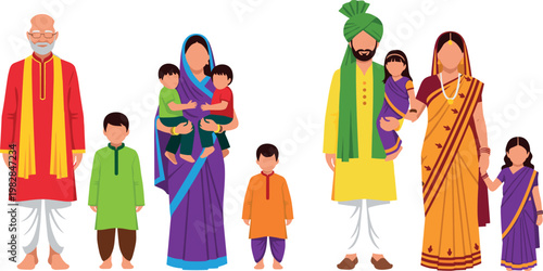 Indian Family Icon Set in Traditional Clothing with Sari, Kurta, and Cultural Attire for Family, Culture, and Festival Concepts