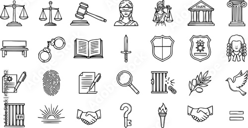 Law and justice icons set: scales, gavel, lady justice, courthouse, courtroom, fingerprint, handcuffs, legal documents, and more
