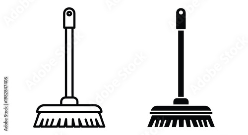Two cleaning brooms depicted in a stark black and white contrast silhouette