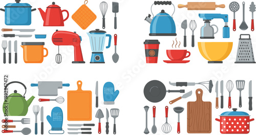 Kitchen Tools and Appliances Vector Set with Cooking Utensils, Cups, Pans, and Blenders for Culinary, Kitchen, and Food Design