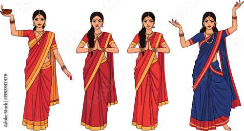 Indian Classical Dance Pose Icon Set with Traditional Sari, Cultural Attire, and Dance Gesture Concepts