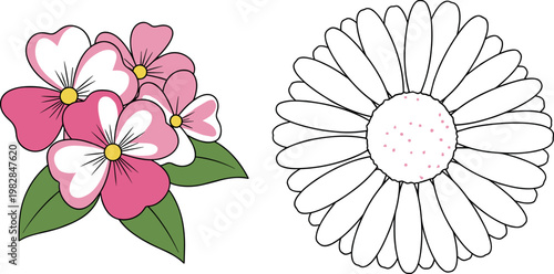 Beautiful Floral Vector Set Featuring Pink Dogwood Flowers with Green Leaves and a Detailed White Daisy Line Art Illustration for Spring Gardening Designs