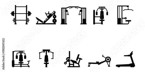 Gym equipment icon set, black silhouette fitness machine vectors, 10 workout station elements for weightlifting and cardio training